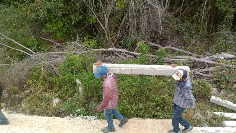 Traslado de postes de concreto al frente de trabajo · Tren Maya